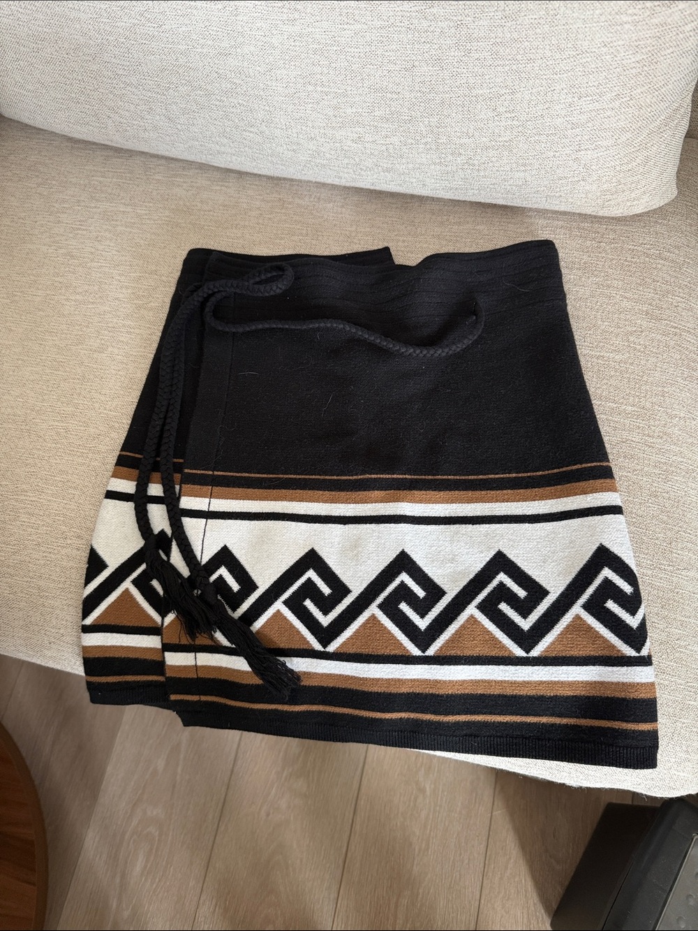 Talula Black Mini Skirt with Brown and White Geometric Trim